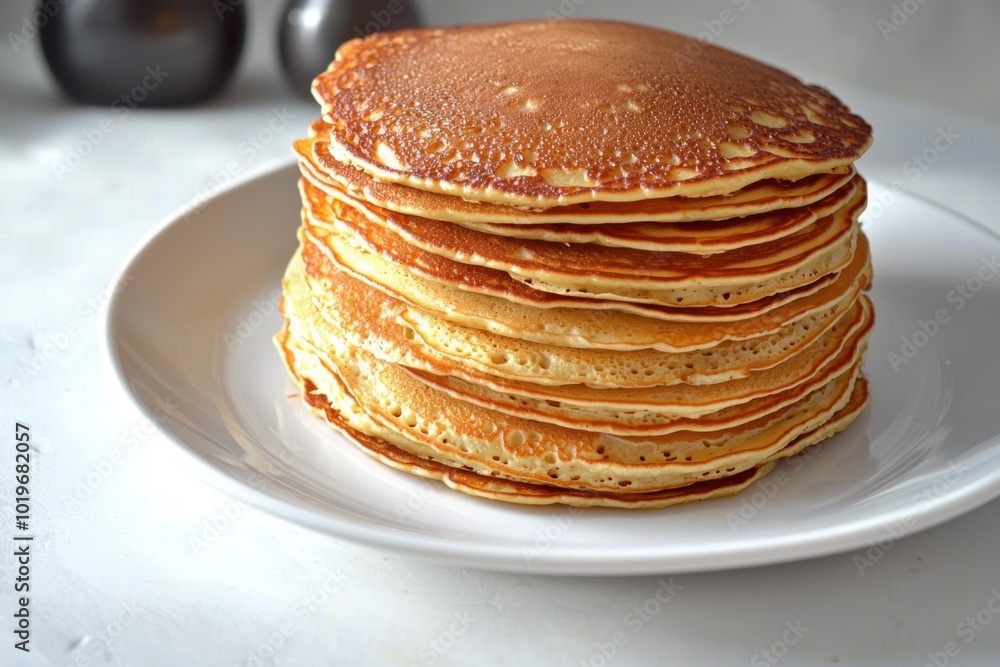 A stack of golden pancakes served on a white plate, showcasing a delicious breakfast option. A stack of golden pancakes served on a white plate, showcasing a delicious breakfast option.