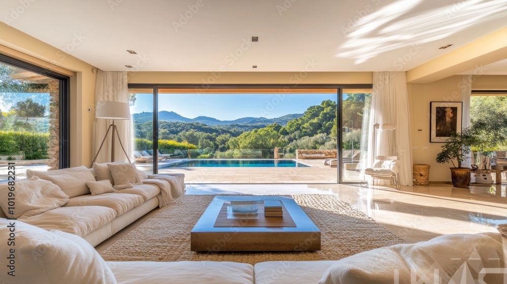 A modern living room with large windows showcasing a scenic outdoor view and pool. A modern living room with large windows showcasing a scenic outdoor view and pool.