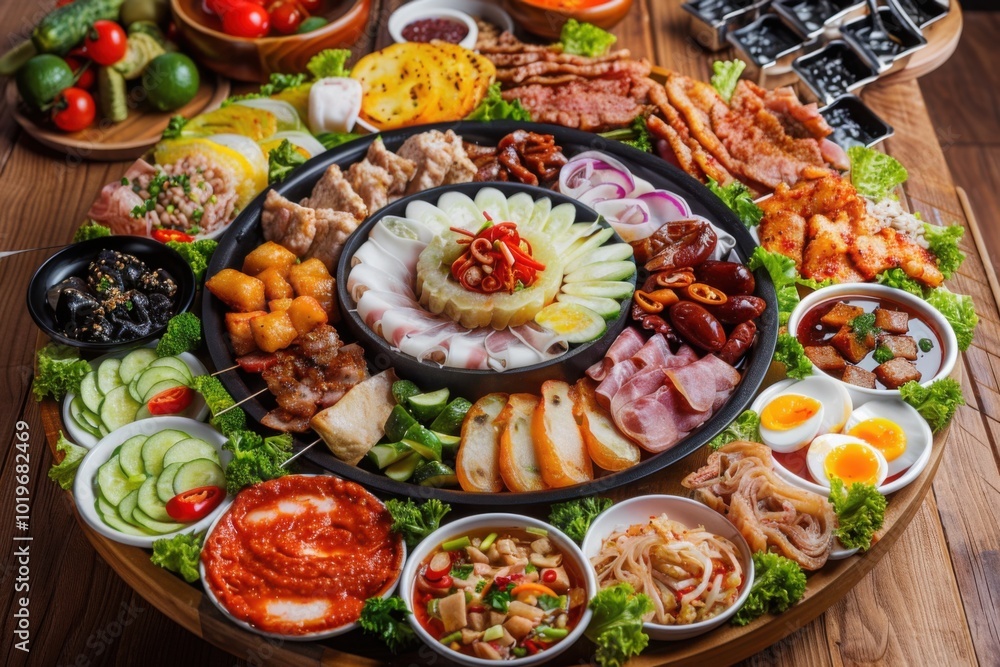 A large assortment of Korean dishes, including meats, vegetables, eggs, and traditional side dishes, displayed on a round table
A large assortment of Korean dishes, including meats, vegetables, eggs, and traditional side dishes, displayed on a round table
