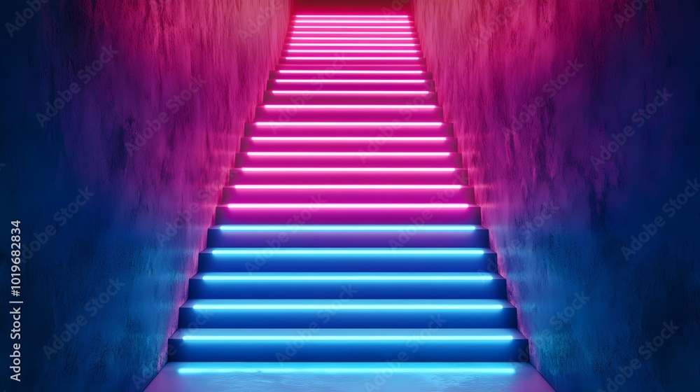 Vibrant Neon Staircase with Abstract Lighting Effects Vibrant Neon Staircase with Abstract Lighting Effects