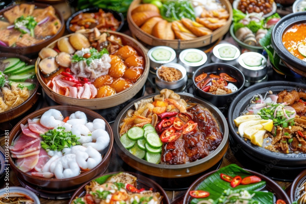 An assortment of Korean dishes with a variety of meats, vegetables, and side dishes displayed on a large table
An assortment of Korean dishes with a variety of meats, vegetables, and side dishes displayed on a large table
