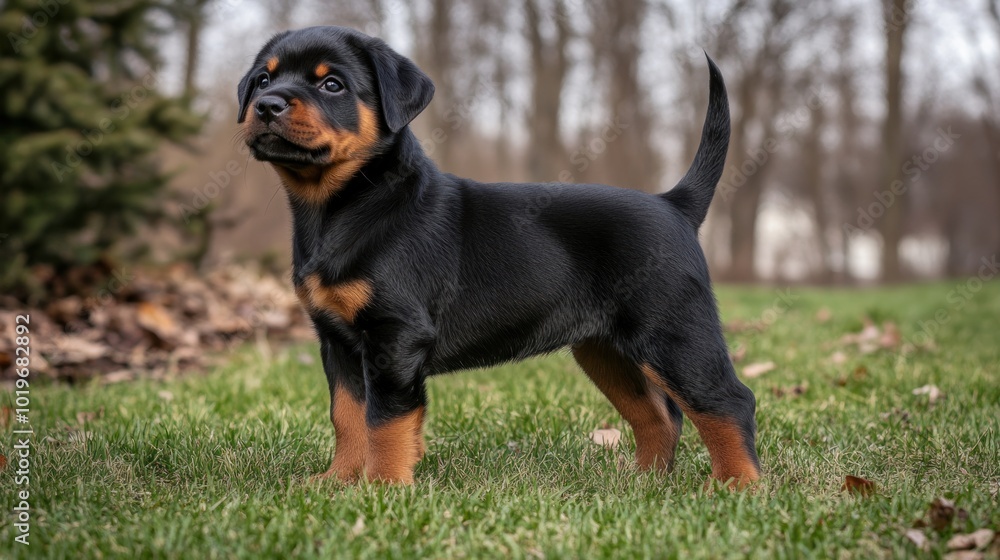 A playful Rottweiler puppy stands on green grass, showcasing its youthful energy and charm. A playful Rottweiler puppy stands on green grass, showcasing its youthful energy and charm.