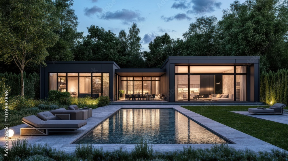 Fototapeta premium Modern house with a pool, surrounded by trees, illuminated at dusk.