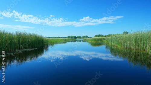 A reflective pond surrounded by tall reeds and gentle willows, the blue sky above casting a perfect mirror image on the surface, gentle breeze