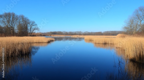 A reflective pond surrounded by tall reeds and gentle willows, the blue sky above casting a perfect mirror image on the surface, gentle breeze