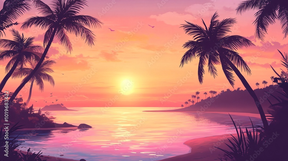 Silhouette of palm trees at sunset over tranquil sea with golden sky and clouds. Silhouette of palm trees at sunset over tranquil sea with golden sky and clouds.