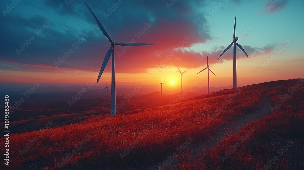Obraz premium A serene landscape of wind turbines generating clean energy against a beautiful sunset, symbolizing renewable energy solutions to combat climate change.