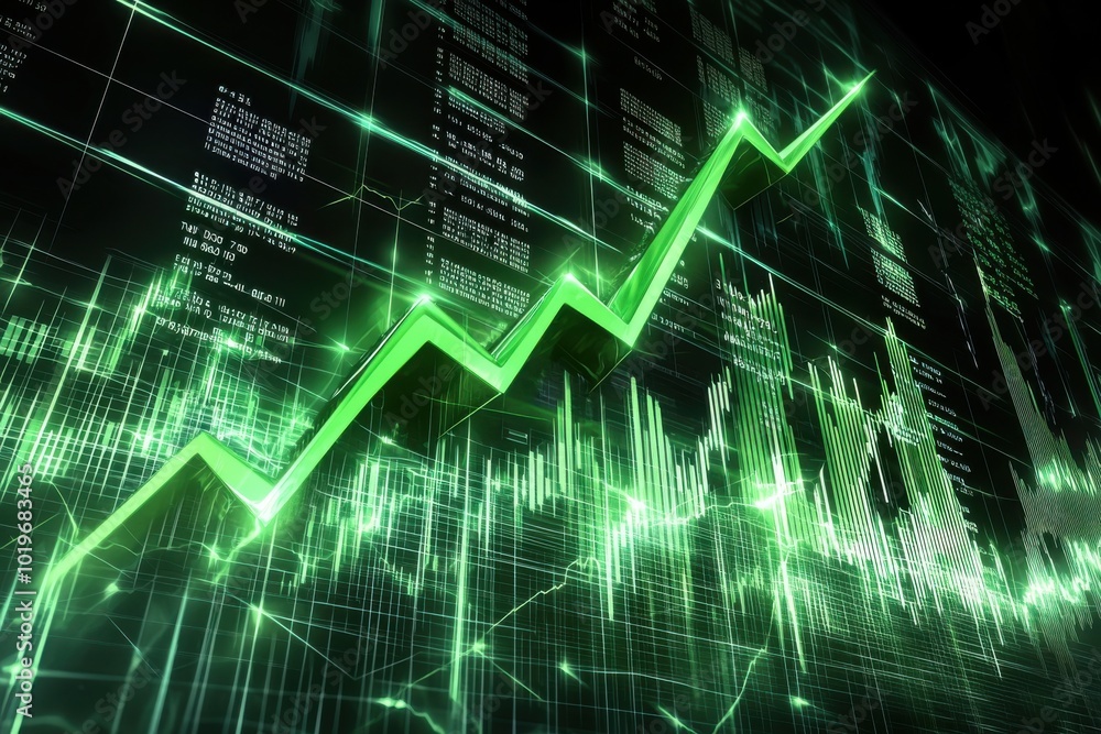 A digital representation of a stock market graph, showcasing a rising trend with green lines and data overlays. A digital representation of a stock market graph, showcasing a rising trend with green lines and data overlays.