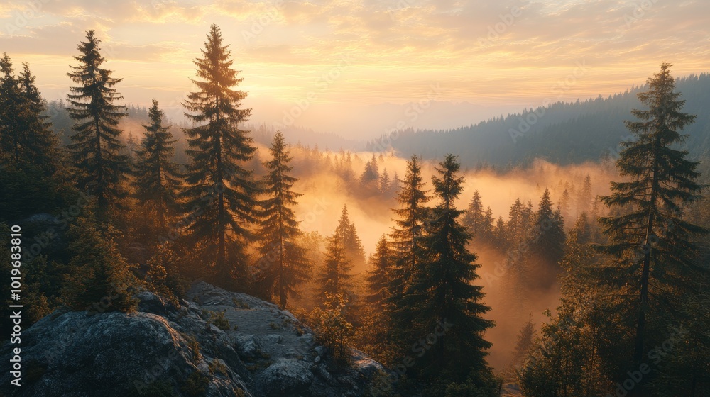 A ring of tall pine trees encircling a serene mountainside, overlooking a misty valley below, bathed in the golden light of dawn A ring of tall pine trees encircling a serene mountainside, overlooking a misty valley below, bathed in the golden light of dawn