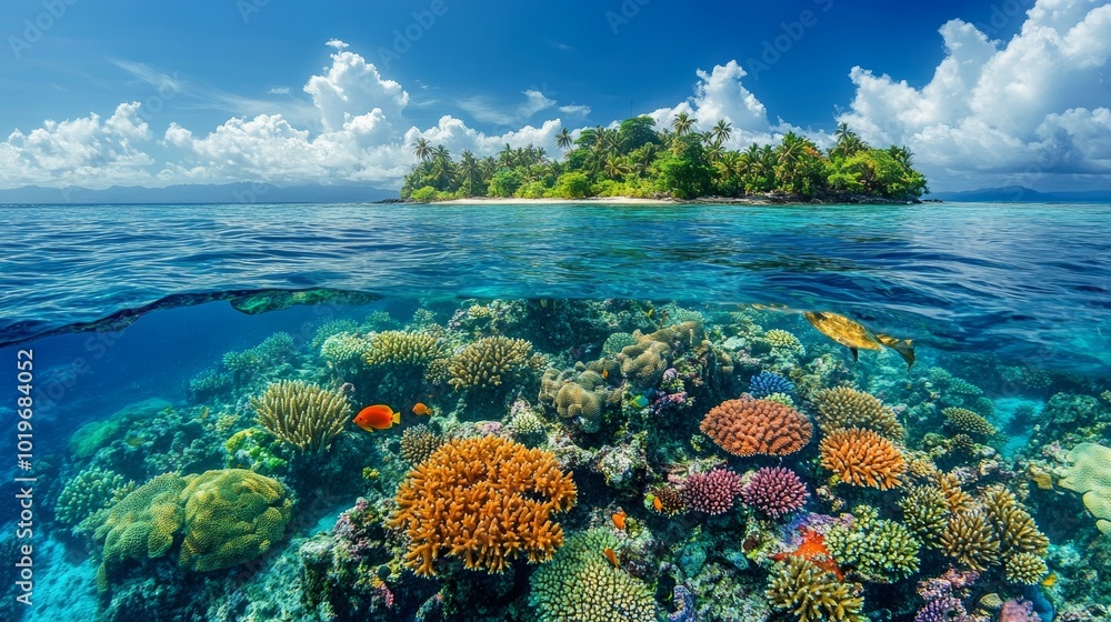 Naklejka premium A ring of thriving coral reefs forming a perfect circle around a tropical island, teeming with bright fish, sea turtles, and underwater flora, serene scene