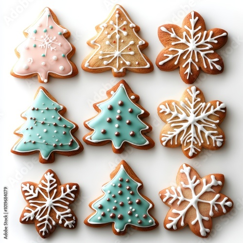 Colorful Christmas cookies in tree, star, and snowflake shapes