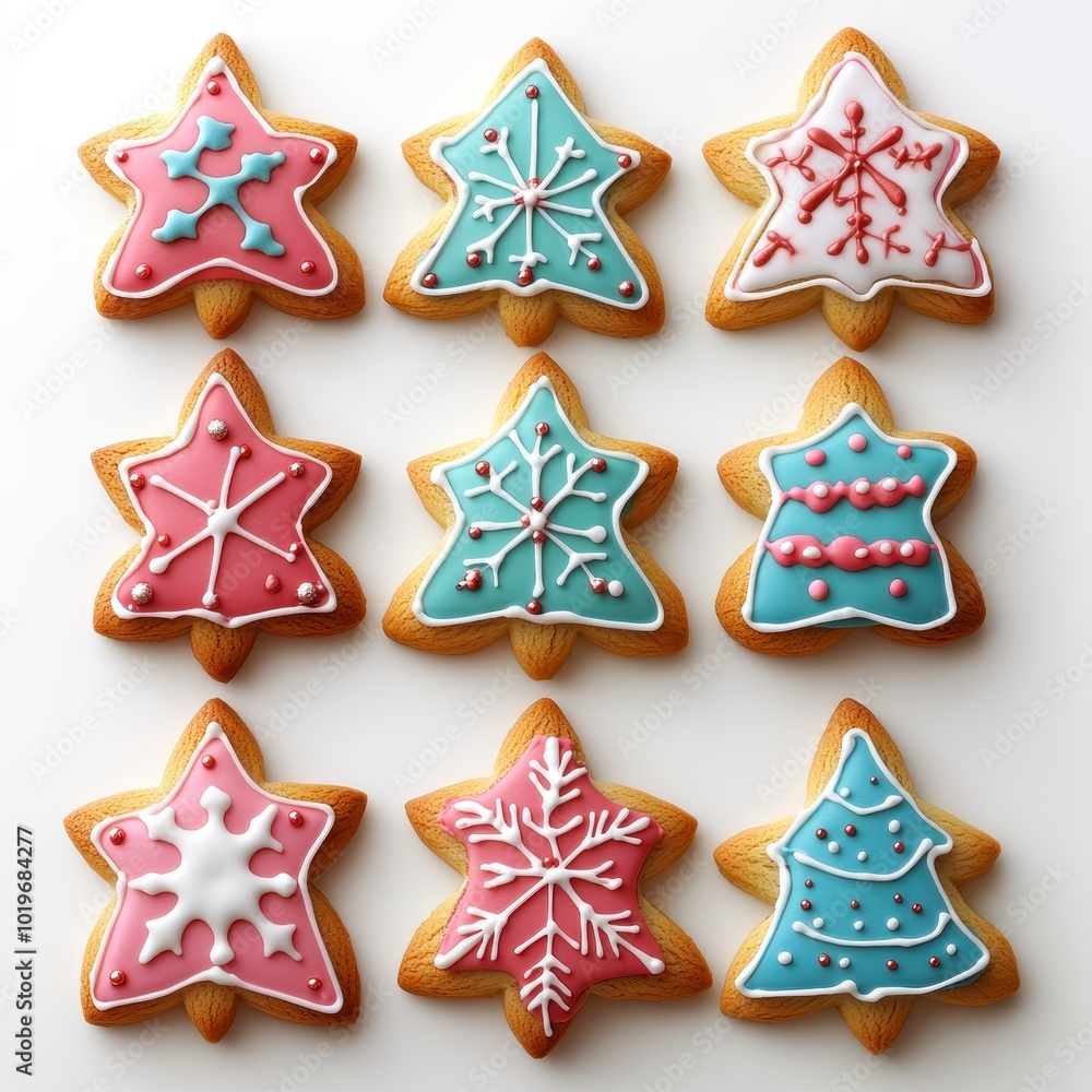 Colorful Christmas cookies in tree, star, and snowflake shapes Colorful Christmas cookies in tree, star, and snowflake shapes
