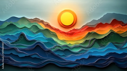 paper art design features a red sun setting above blue wave