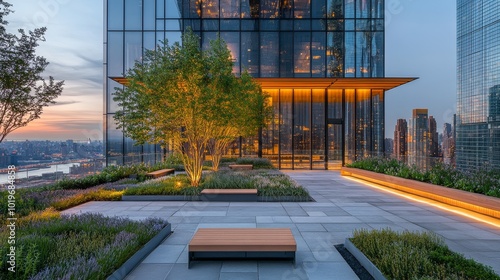 A rooftop garden with symmetrical tree and bench arrangements, surrounded by modern glass walls, reflecting the evening city lights below