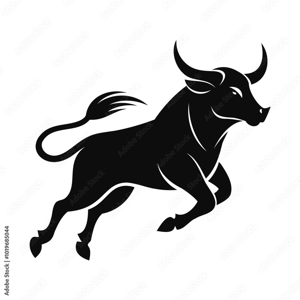 Fototapeta premium Angry Bull running black silhouette Vector illustration or transparent PNG