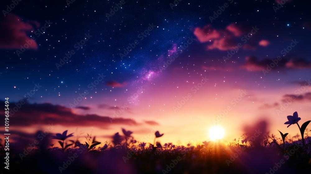 A peaceful meadow where the flowers bloom into galaxies, and the sky is an ocean where gigantic whales swim among the stars. The sun and moon float side by side, casting mixed shadows A peaceful meadow where the flowers bloom into galaxies, and the sky is an ocean where gigantic whales swim among the stars. The sun and moon float side by side, casting mixed shadows