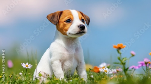 A cute puppy sitting among colorful flowers in a sunny meadow.