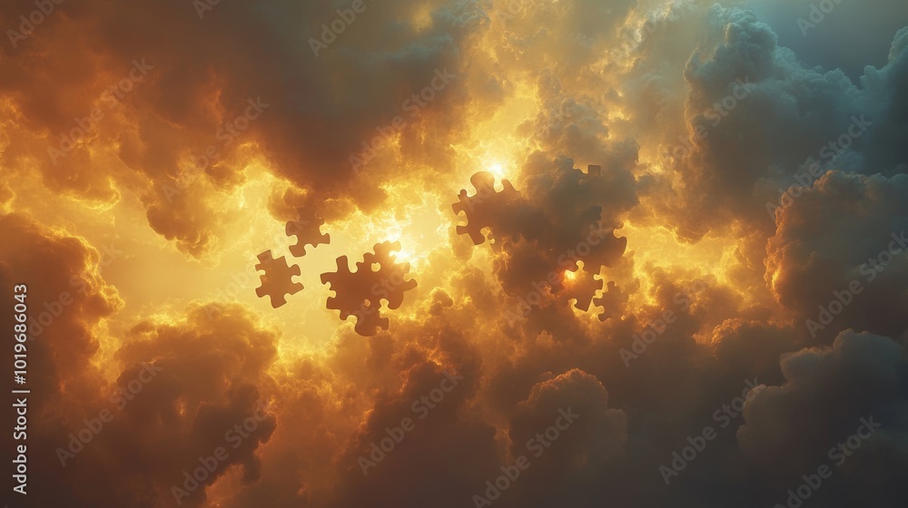 A floating celestial puzzle made of glowing, translucent pieces, suspended in a sky filled with soft clouds and golden light, Ethereal, Surreal, Heavenly, Soft Glow A floating celestial puzzle made of glowing, translucent pieces, suspended in a sky filled with soft clouds and golden light, Ethereal, Surreal, Heavenly, Soft Glow