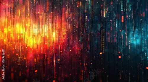 Abstract Digital Rain with Red, Orange, and Blue Hues photo