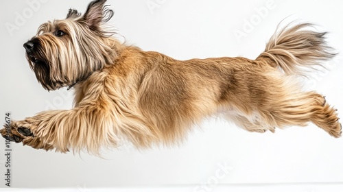 A dog in mid-air, showcasing agility and playfulness.