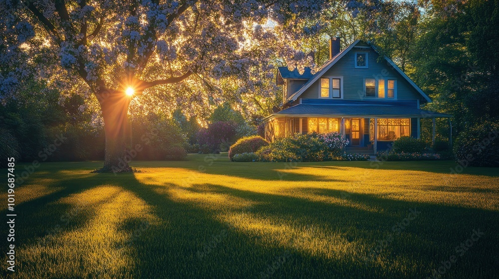 A serene house surrounded by lush greenery and sunlight filtering through trees at dusk. A serene house surrounded by lush greenery and sunlight filtering through trees at dusk.
