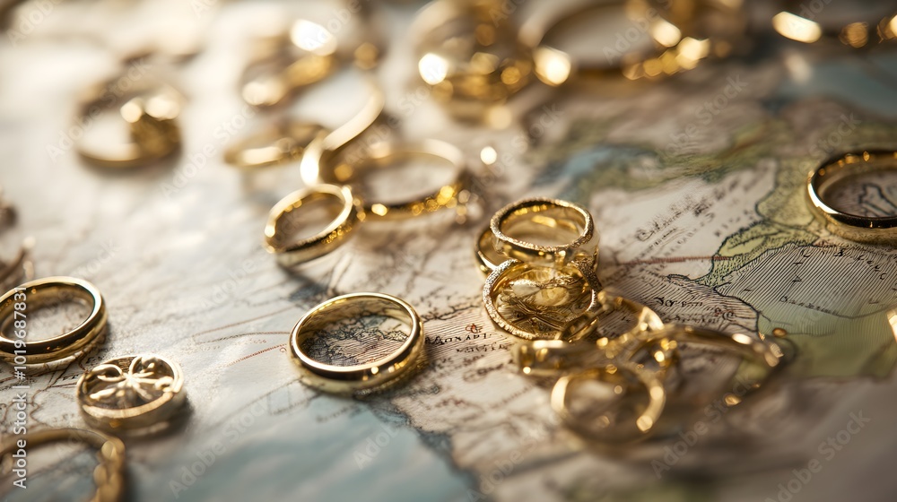 Gold Rings Scattered on a Treasure Map Gold Rings Scattered on a Treasure Map