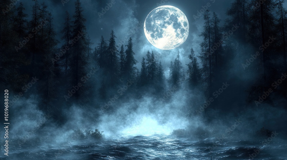 A serene night scene with a full moon over a misty forest. A serene night scene with a full moon over a misty forest.
