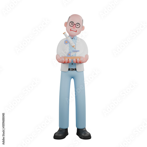 Male Scientist 3D Professional. A male scientist is standing with both hands carrying a microscope. Science Cartoon