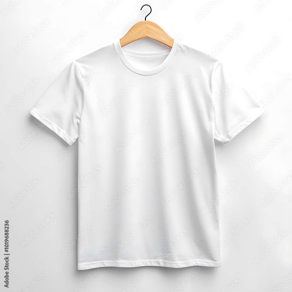 A White classic t-shirt wooden hanger on white background.
A White classic t-shirt wooden hanger on white background.