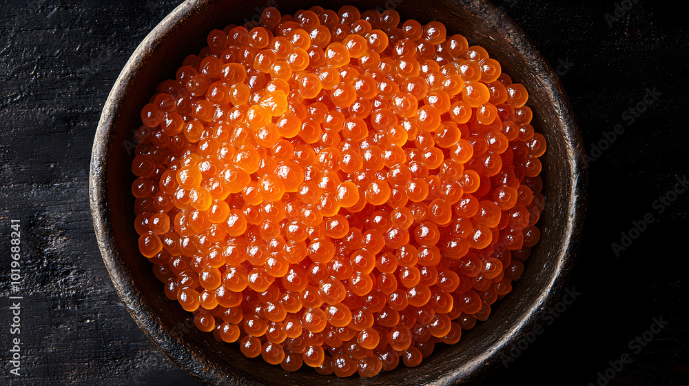 Red caviar in a bowl isolated on a dark background. The top-down view of the vibrant red caviar contrasts against the dark surface, highlighting the luxury and richness of the delicacy. The image evok Red caviar in a bowl isolated on a dark background. The top-down view of the vibrant red caviar contrasts against the dark surface, highlighting the luxury and richness of the delicacy. The image evok