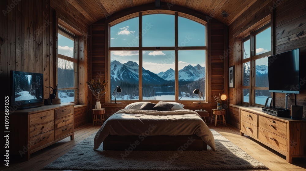 A cozy bedroom with a large window overlooking a snowy mountain range.