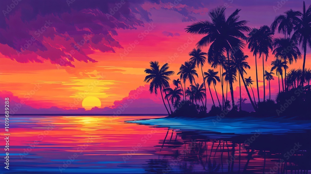 Silhouettes of palm trees on a beach with a vibrant sunset over the ocean. Silhouettes of palm trees on a beach with a vibrant sunset over the ocean.