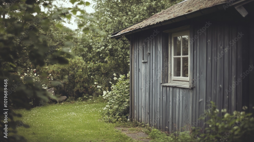 A rustic wooden cabin surrounded by greenery and a serene garden. A rustic wooden cabin surrounded by greenery and a serene garden.