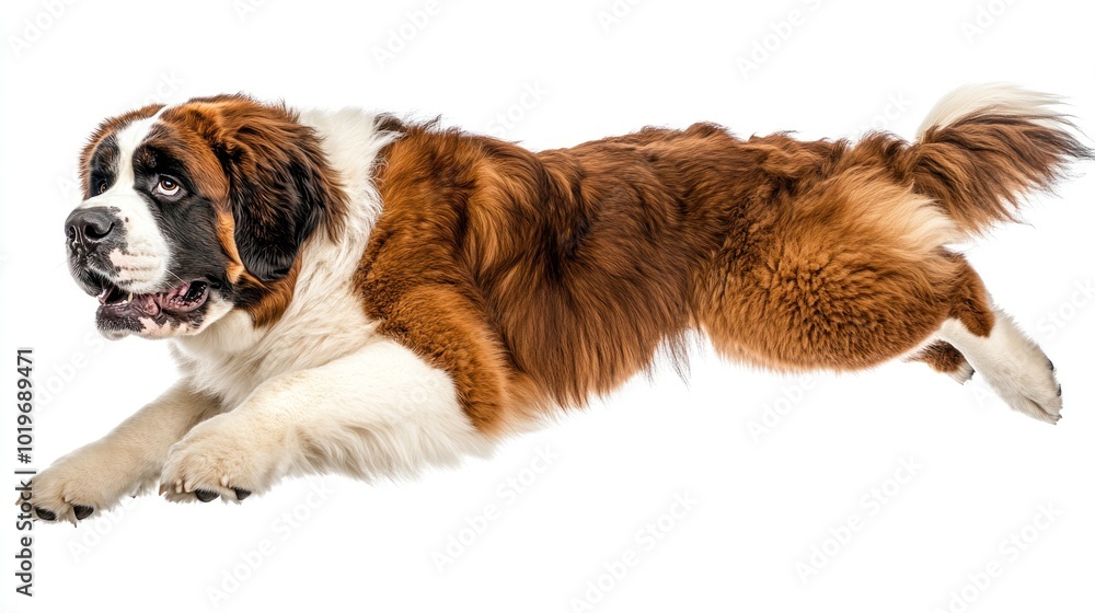 A Saint Bernard dog leaping playfully in a dynamic pose. A Saint Bernard dog leaping playfully in a dynamic pose.