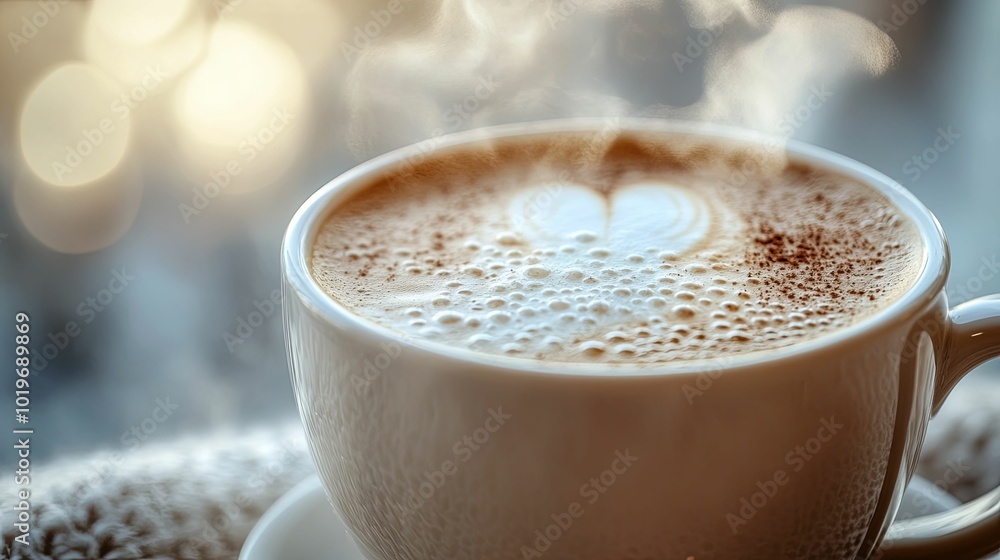 A Close-Up of a Steaming Cup of Cappuccino with Heart-Shaped Latte Art A Close-Up of a Steaming Cup of Cappuccino with Heart-Shaped Latte Art