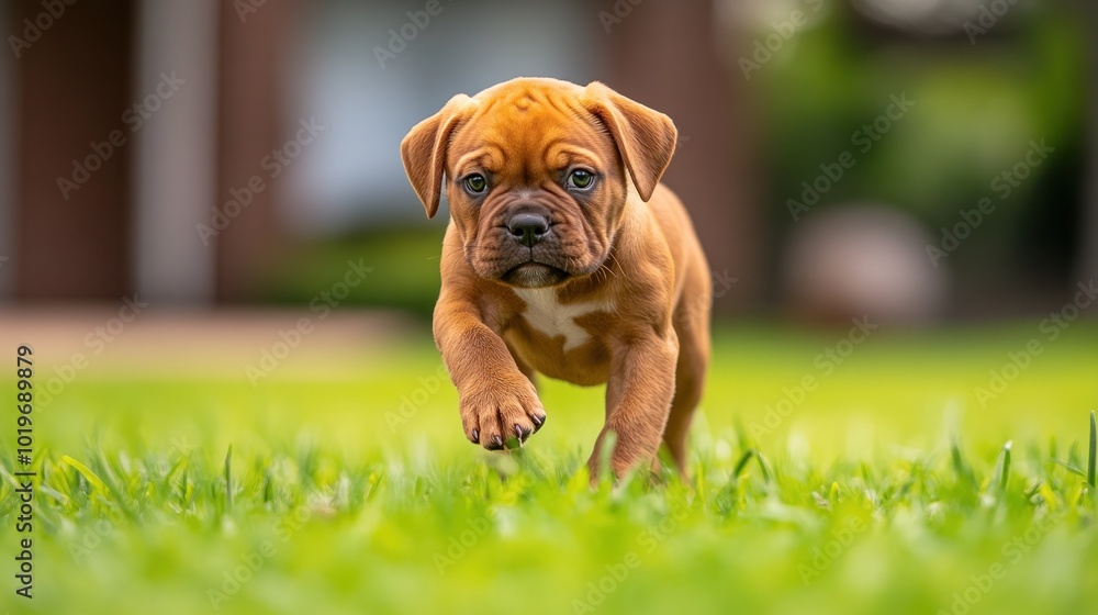 A playful puppy running through green grass in a vibrant outdoor setting. A playful puppy running through green grass in a vibrant outdoor setting.