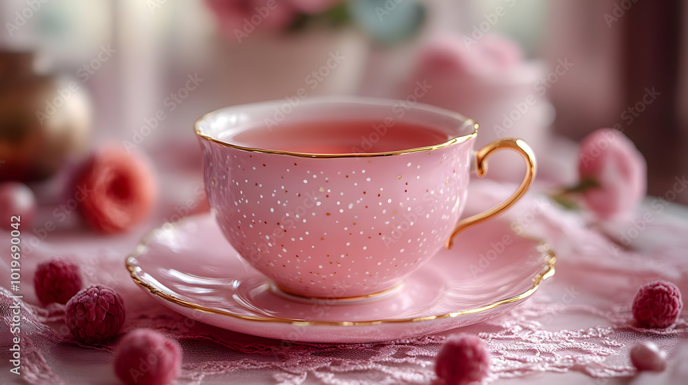 Pink Teacup with Gold Trim and White Dots - Realistic Image Pink Teacup with Gold Trim and White Dots - Realistic Image