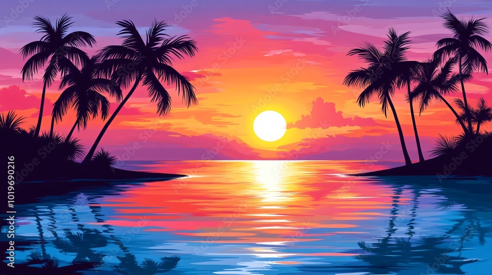 Silhouettes of palm trees on a tropical beach at sunset with the sun reflecting on the ocean water. Silhouettes of palm trees on a tropical beach at sunset with the sun reflecting on the ocean water.
