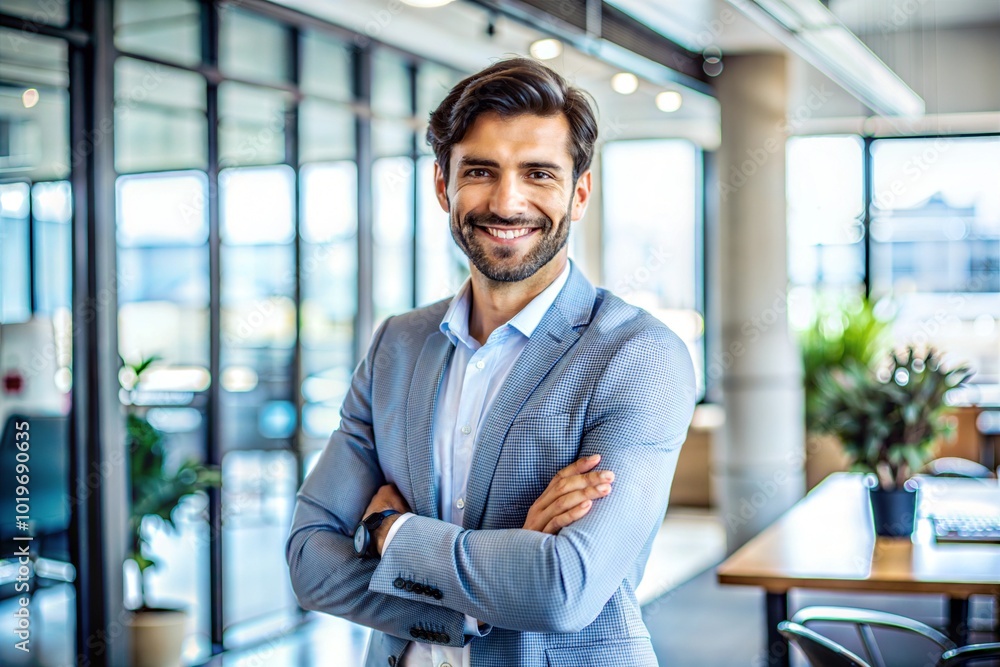 Confident Hispanic businessman in blue suit arms crossed in modern office business casual Confident Hispanic businessman in blue suit arms crossed in modern office business casual