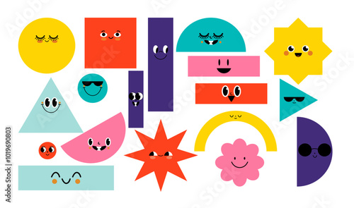 Set of Various bright basic Geometric Figures with face emotions. Different shapes. Hand drawn trendy Vector illustration for kids. Cute funny characters. All elements are isolated
