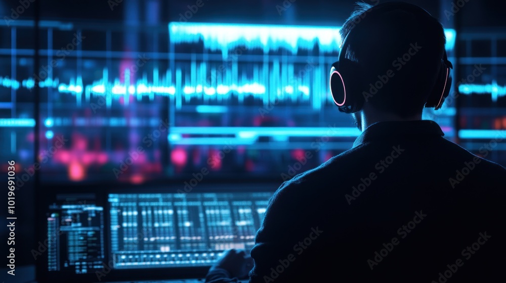 A person wearing headphones analyzes audio data on a computer screen with visual waveforms. A person wearing headphones analyzes audio data on a computer screen with visual waveforms.