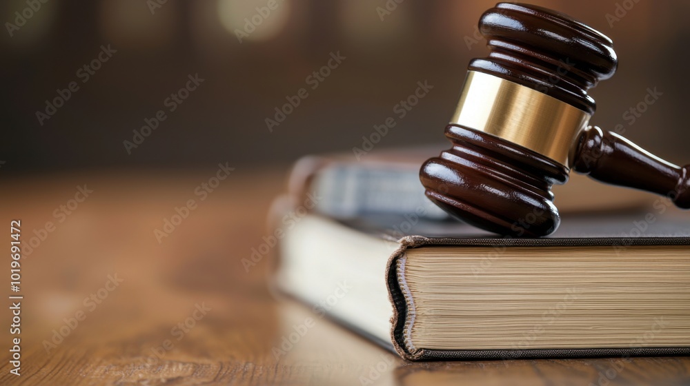 Wooden gavel on a legal book in a courtroom setting Wooden gavel on a legal book in a courtroom setting