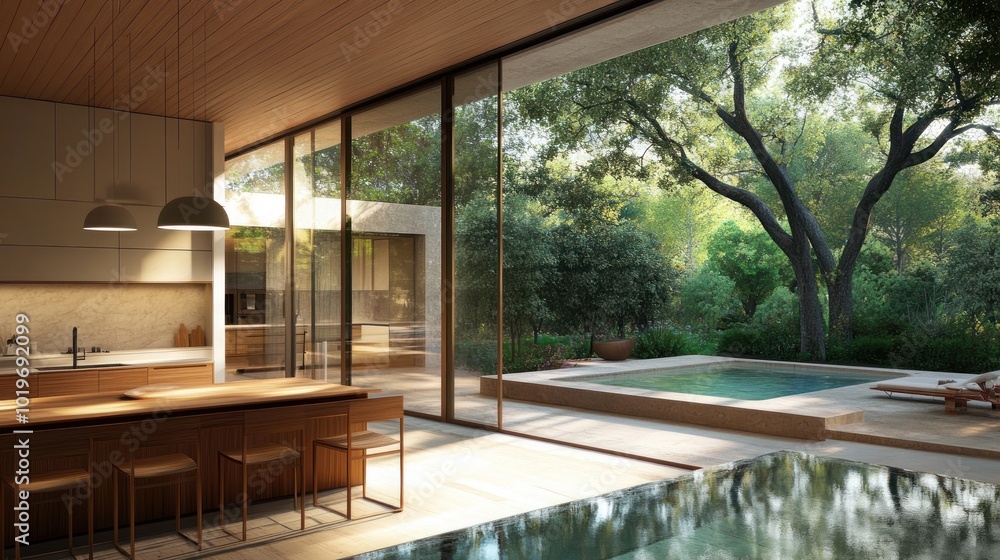 Modern kitchen with large windows overlooking a serene outdoor space and pool. Modern kitchen with large windows overlooking a serene outdoor space and pool.