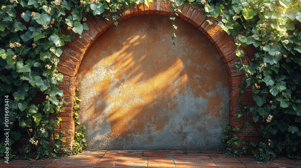 Naklejka premium Brick Archway with Ivy and a Stone Pathway