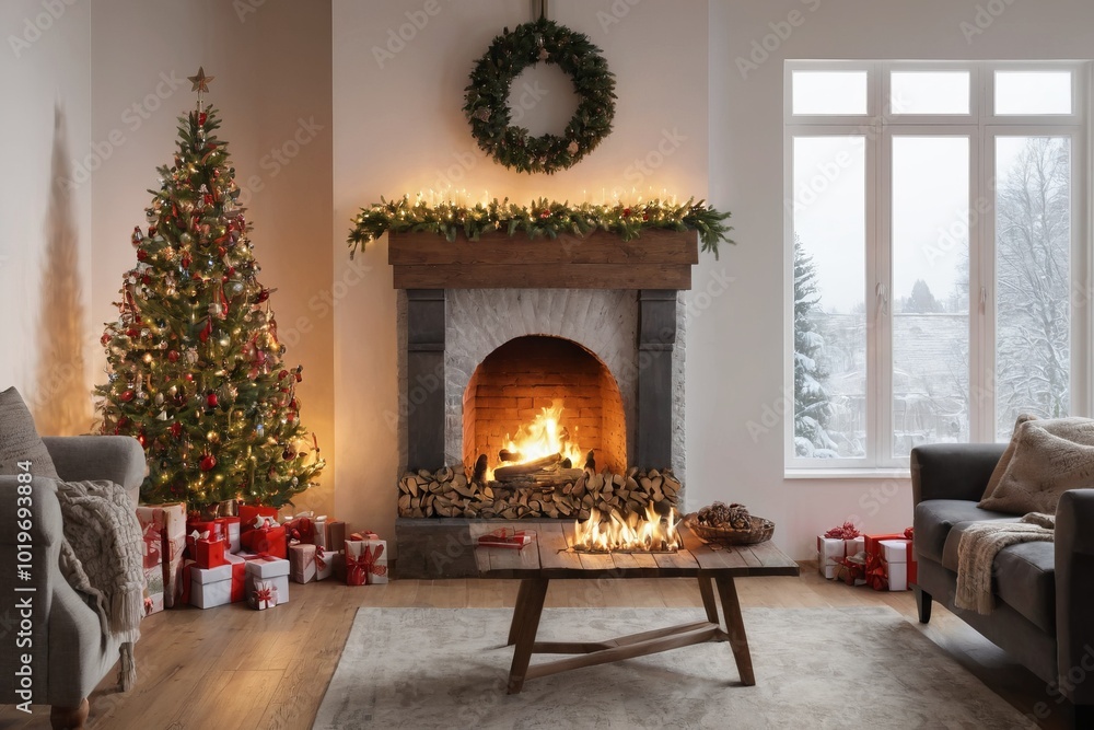 Fototapeta premium A cozy living room featuring a beautifully decorated Christmas tree next to a warm fireplace surrounded by elegant furniture and festive decorations