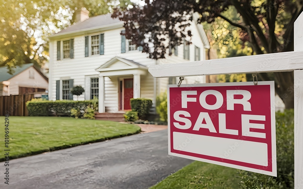 House for sale sign in front of suburban home. Real estate market House for sale sign in front of suburban home. Real estate market