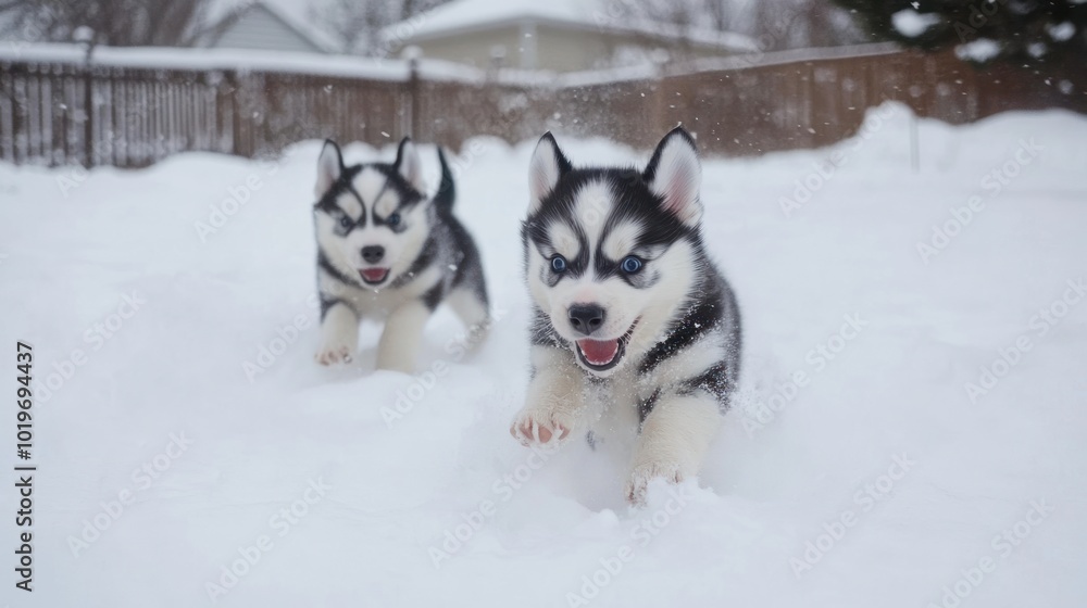 Naklejka premium Two playful husky puppies running joyfully through the snow.