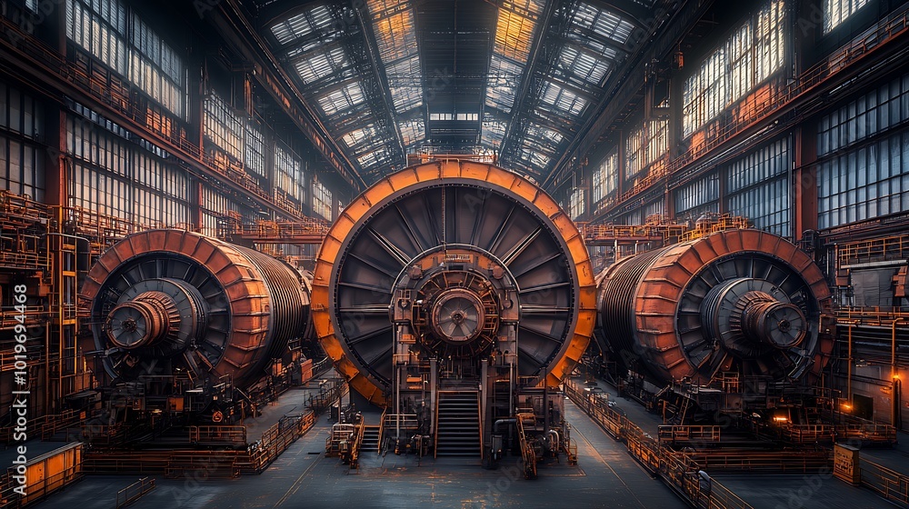 Obraz premium Turbine Hall with Massive Generators: A detailed interior view of the turbine hall, filled with towering generators and turbines connected by a maze of pipes and cables.