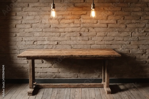 Wallpaper Mural Vintage empty wooden table with lamp in room over brick background for mockup Torontodigital.ca
