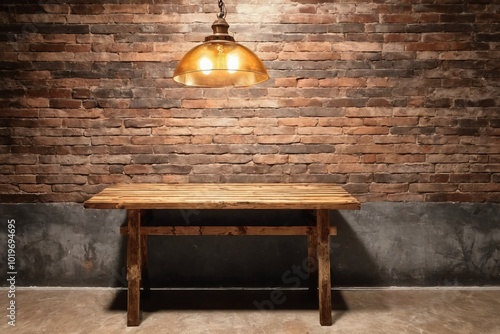 Vintage empty wooden table with lamp in room over brick background for mockup